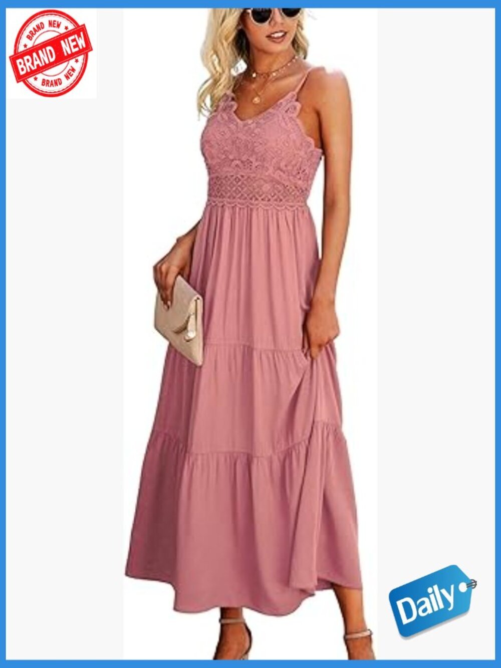 Maxi Dress with Crochet Lace, Spaghetti Straps, V-Neck, Formal Summer Beach
